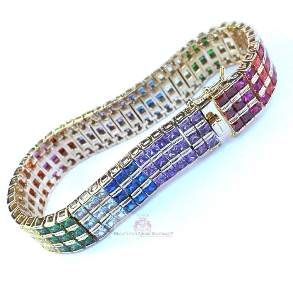 Multicolor Rainbow Yellow Gold Plated Gods Promise Triple Row Bracelet 7.25